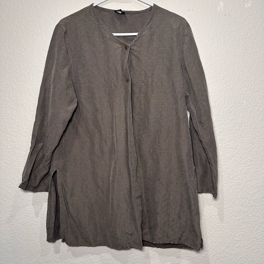 Eileen Fisher Silk Linen Blend Tunic Top Grey Long Sleeve Button Front Small
